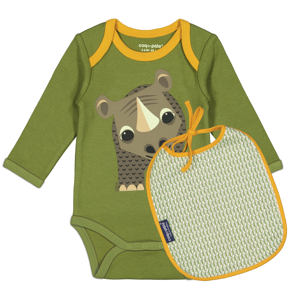 Set body manches longues + bavoir Rhinocéros