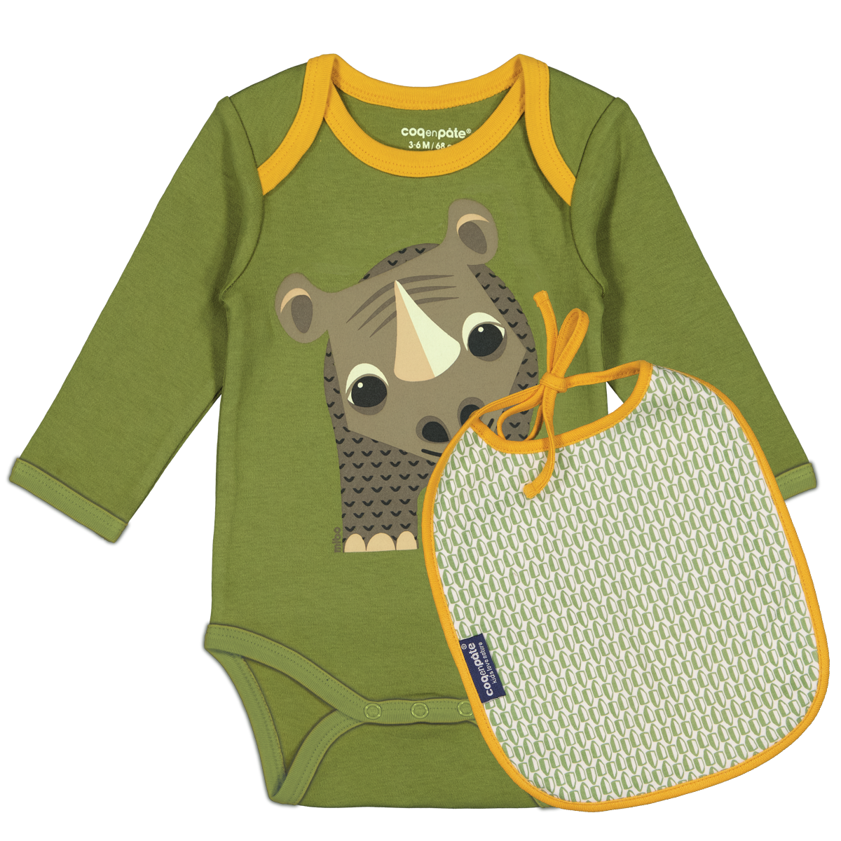 Set body manches longues + bavoir Rhinocéros