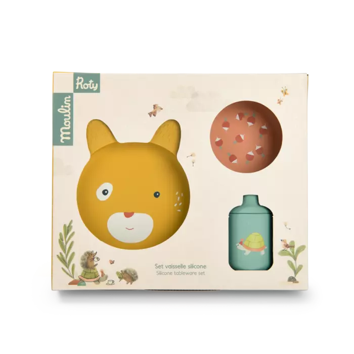 Coffret vaisselle silicone alimentaire Trois petits lapins - Moulin roty