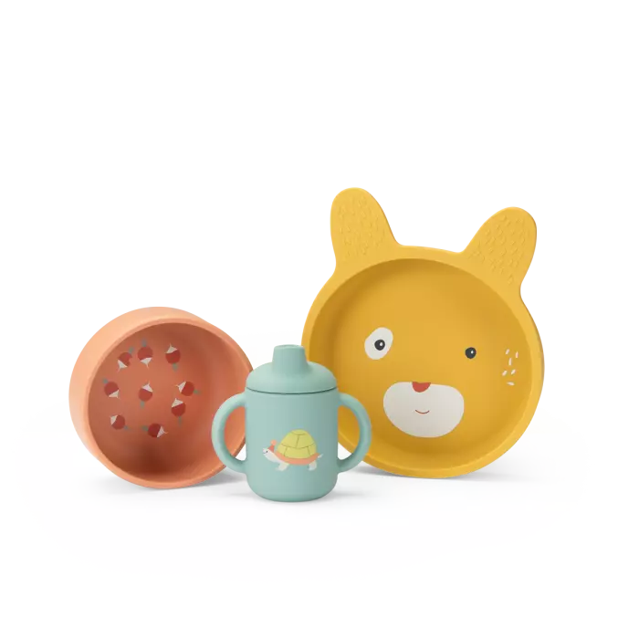 Coffret vaisselle silicone alimentaire Trois petits lapins - Moulin roty